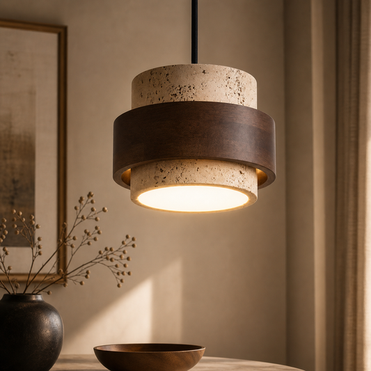 Livan - Suspension Design en Travertin et Bois pour Salon
