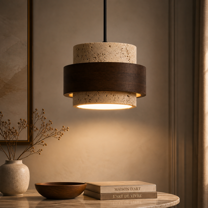 Livan - Suspension Design en Travertin et Bois pour Salon