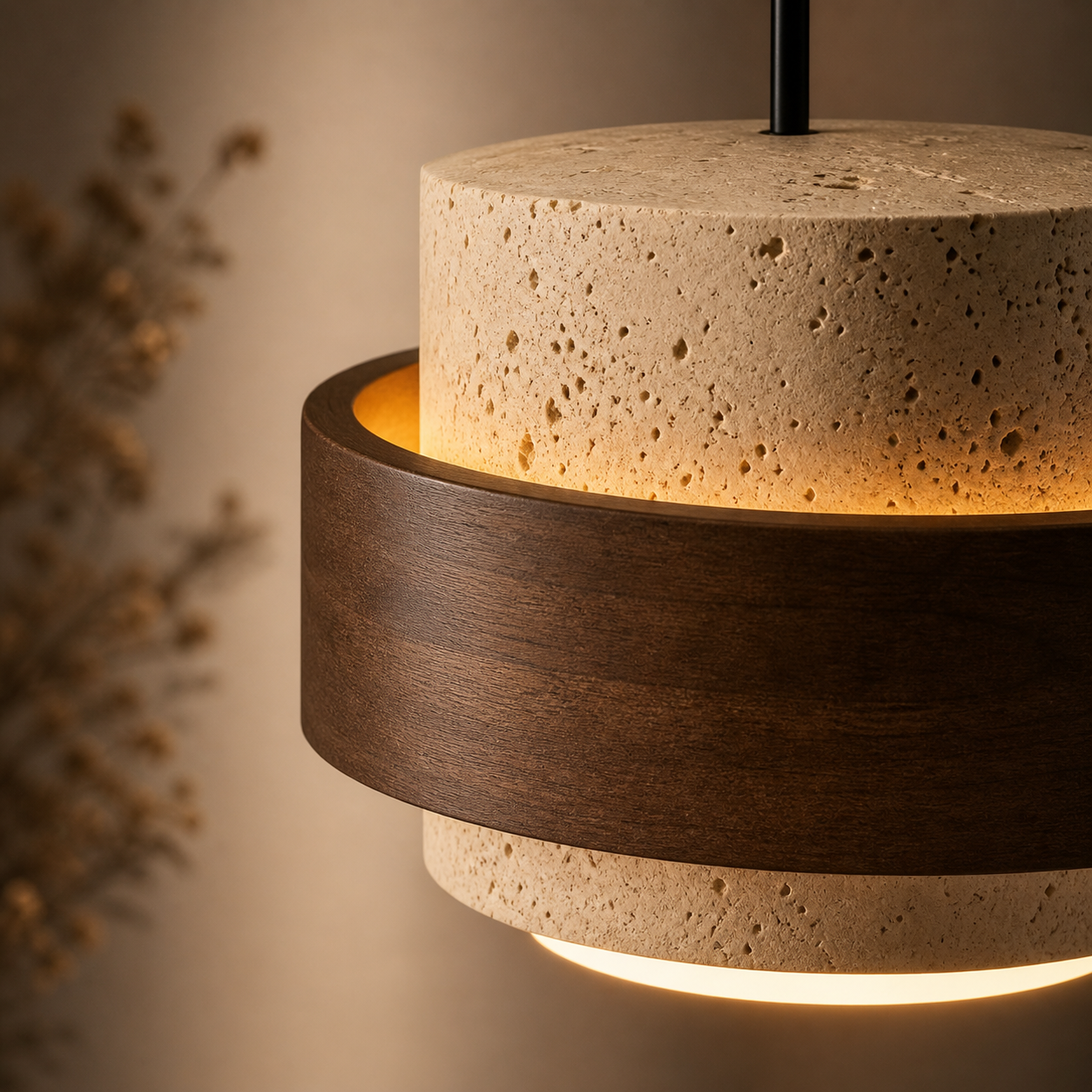 Livan - Suspension Design en Travertin et Bois pour Salon