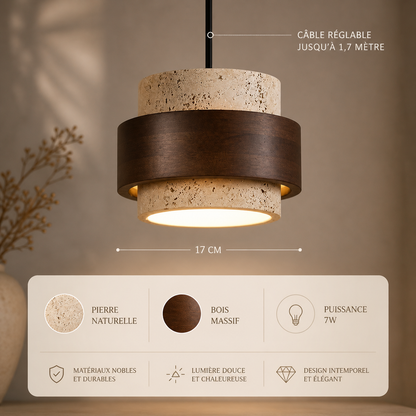 Livan - Suspension Design en Travertin et Bois pour Salon
