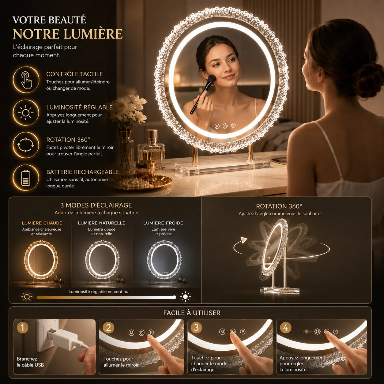 ÉLÉNORA™ Élégance | Miroir Maquillage LED pour les coiffeuses
