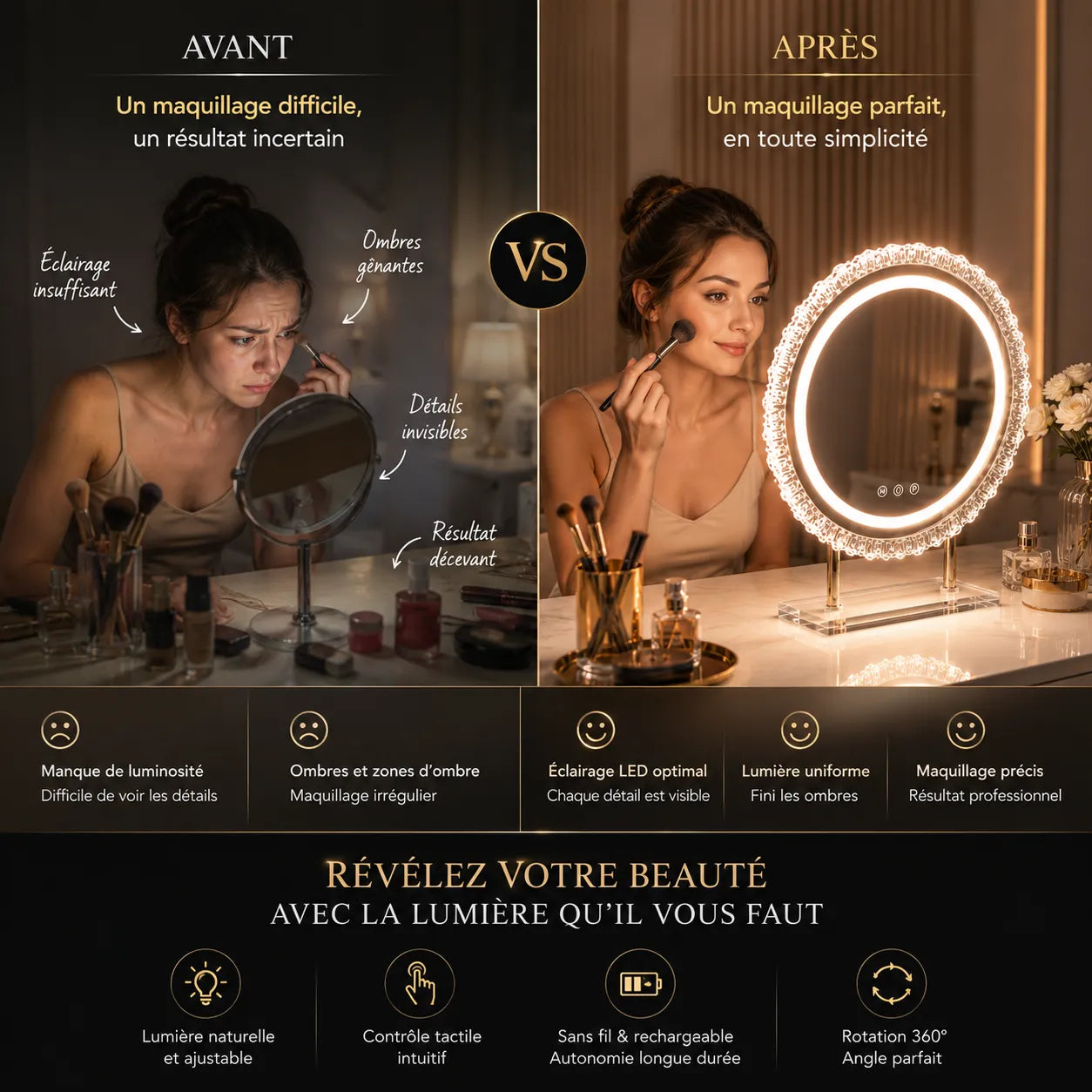 ÉLÉNORA™ Élégance | Miroir Maquillage LED pour les coiffeuses