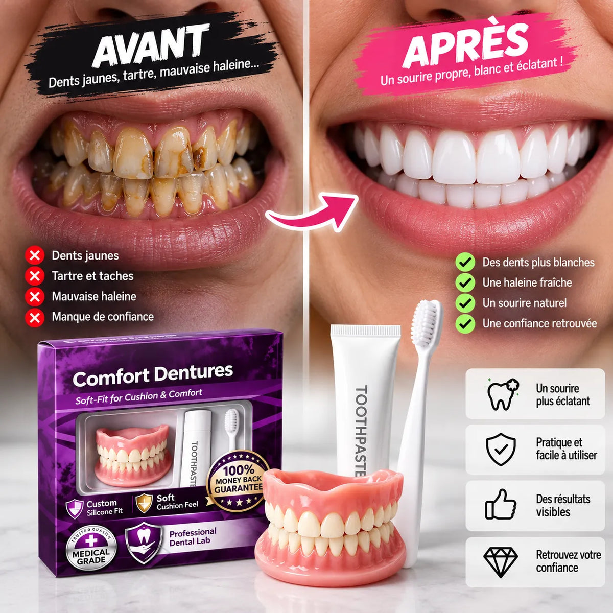 Facettes Dentaires Amovibles Smilé | Fausses dents cosmétiques en silicone, haut et bas