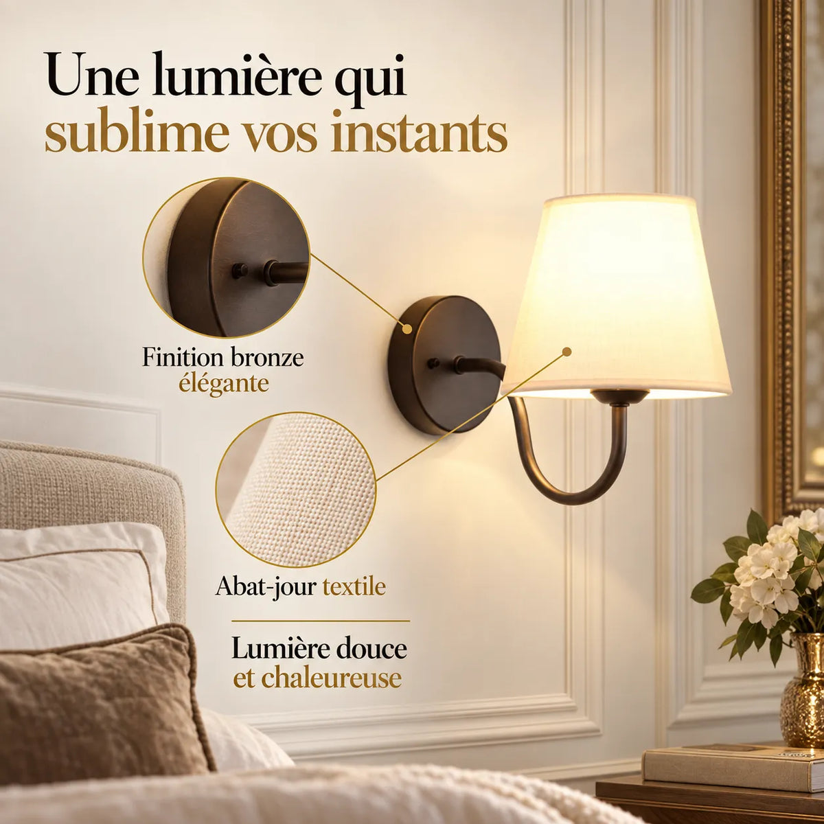 Applique Murale Lumina | Lampe murale moderne à abat-jour tissu, chambre et salon