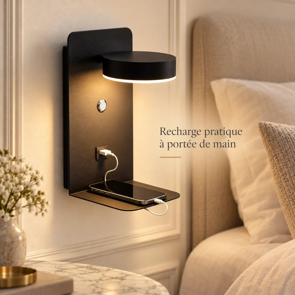 Applique Murale pour Chambre LED avec Port USB et Interrupteur – Noir ou Blanc