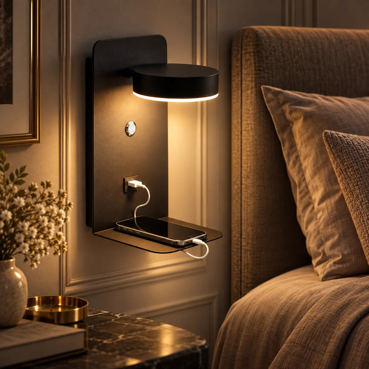 Applique Murale pour Chambre LED avec Port USB et Interrupteur – Noir ou Blanc