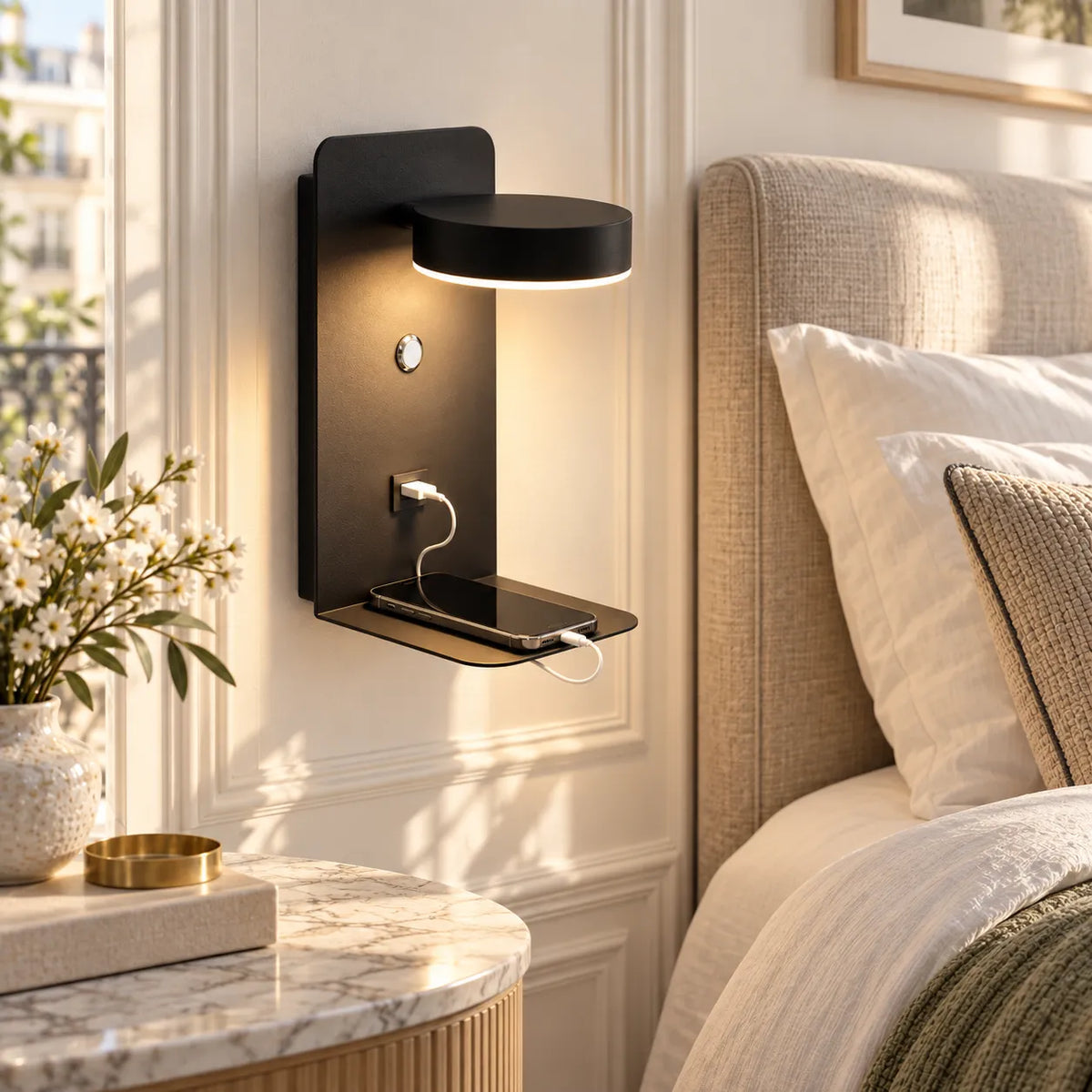 Applique Murale pour Chambre LED avec Port USB et Interrupteur – Noir ou Blanc