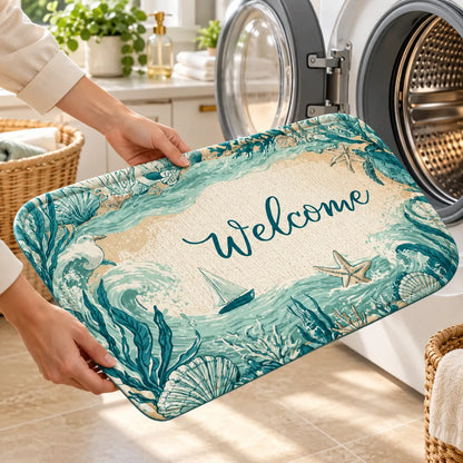 Tapis d'Entrée Coastal Marina | Paillasson doux à motif tortue marine, antidérapant et absorbant