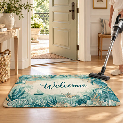 Tapis d'Entrée Coastal Marina | Paillasson doux à motif tortue marine, antidérapant et absorbant