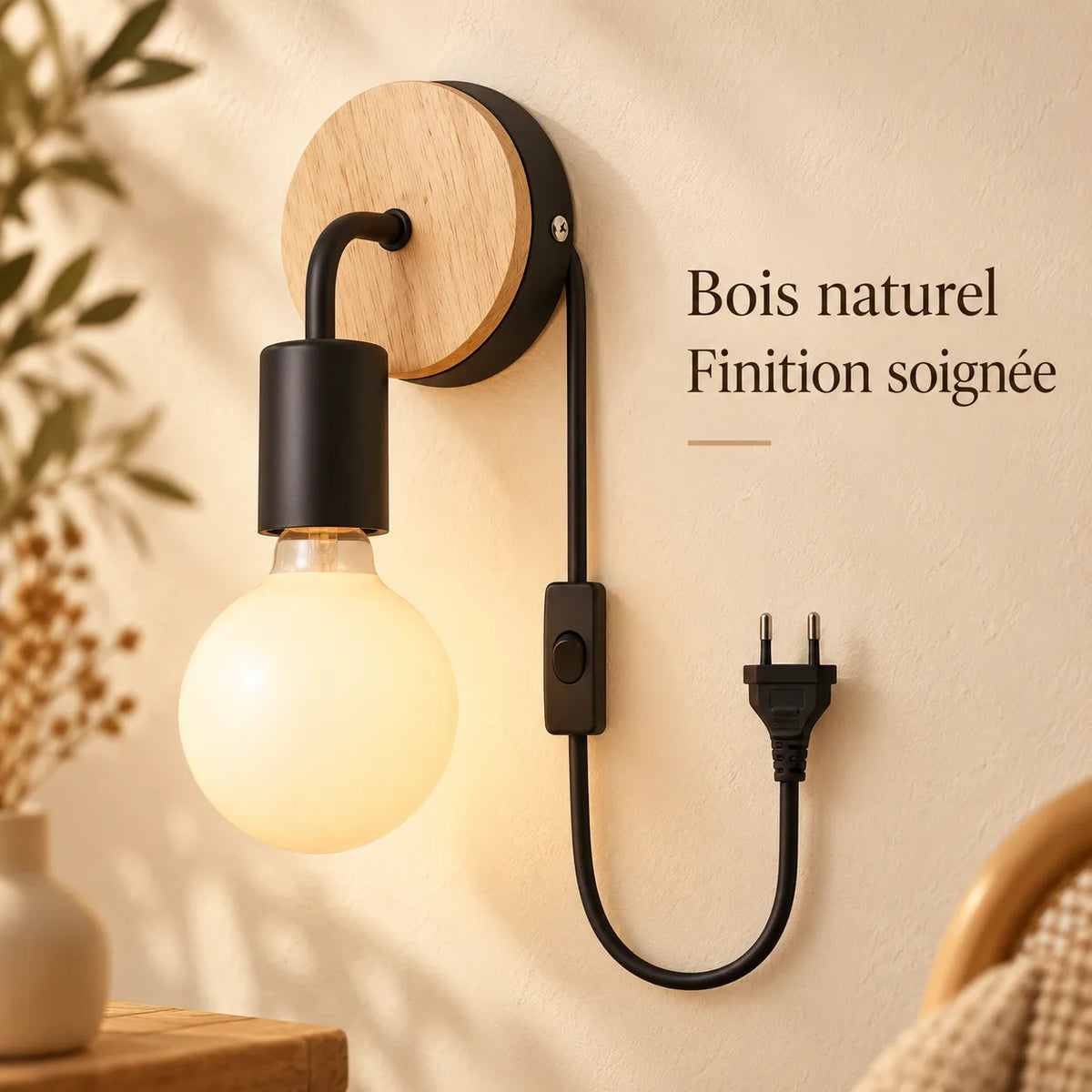 Applique Murale Nordica Bois | Lampe murale en bois et fer, chambre, salon et escalier