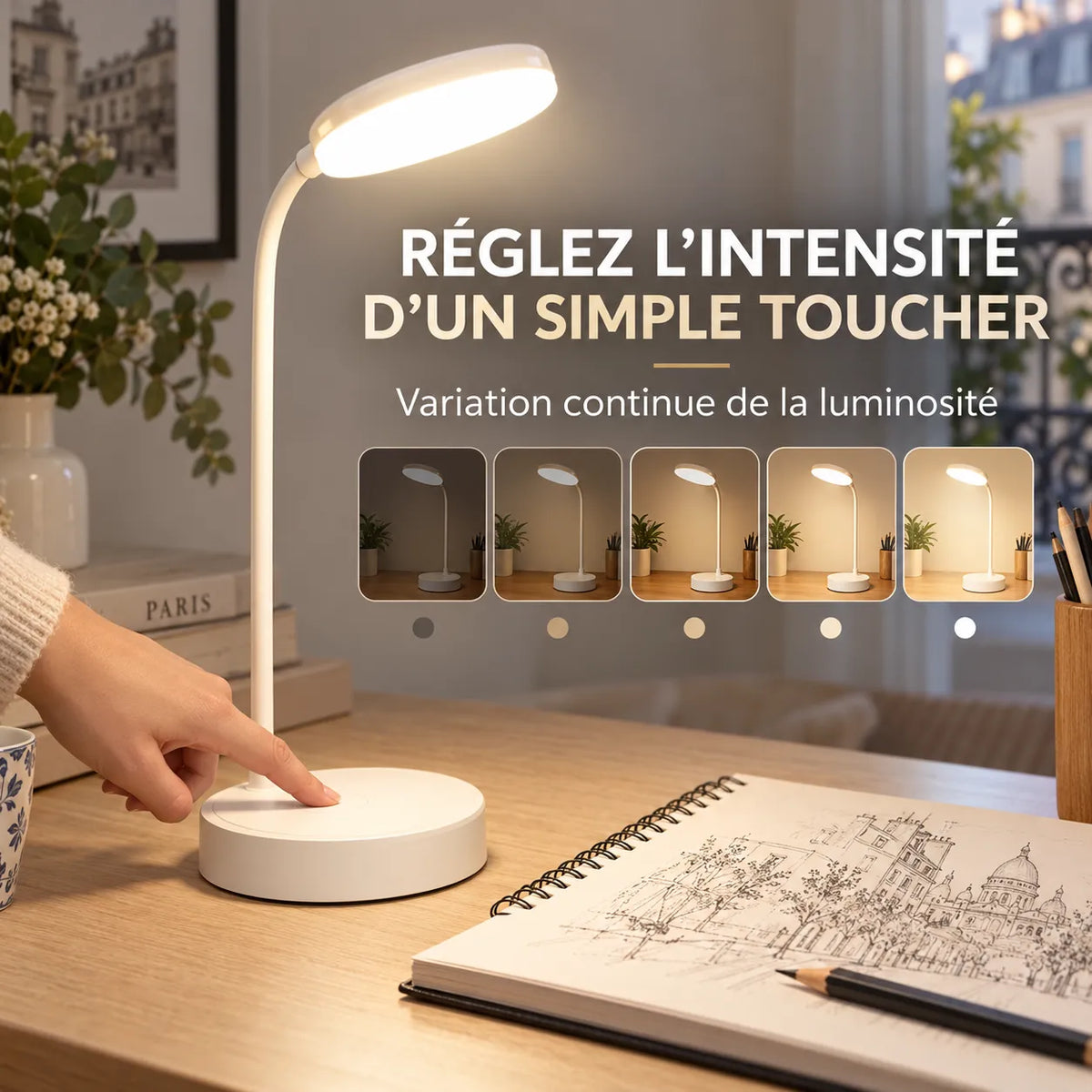 Lampe de Bureau LED Portable  | Lampe de chevet tactile, 9 modes de luminosité