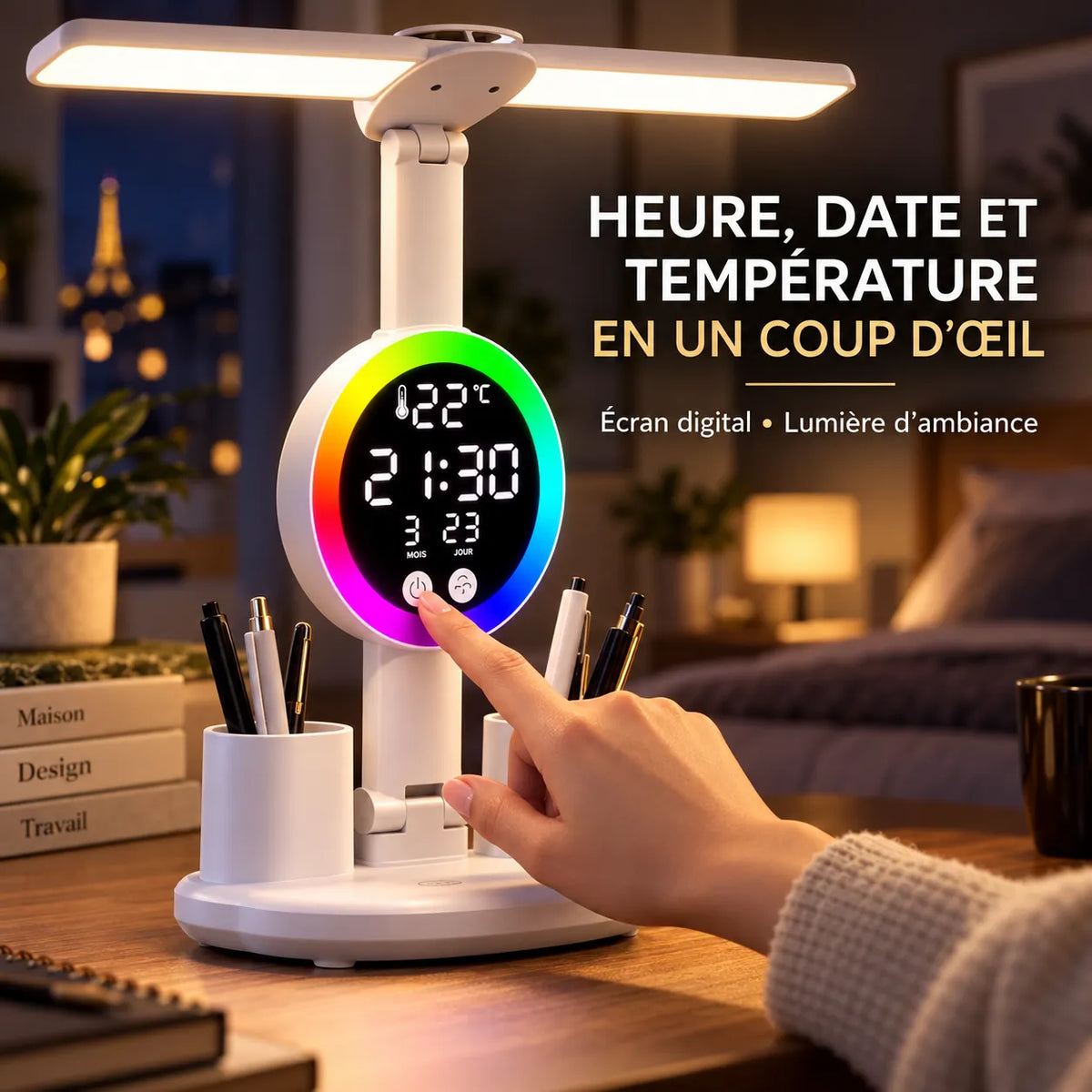 Lampe de Bureau | Lampe de chevet LED avec ventilateur et horloge