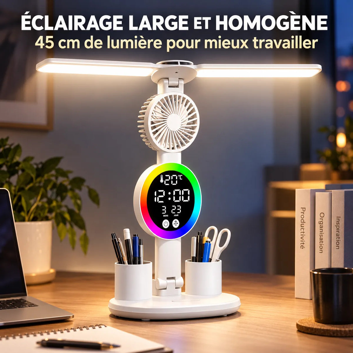 Lampe de Bureau | Lampe de chevet LED avec ventilateur et horloge