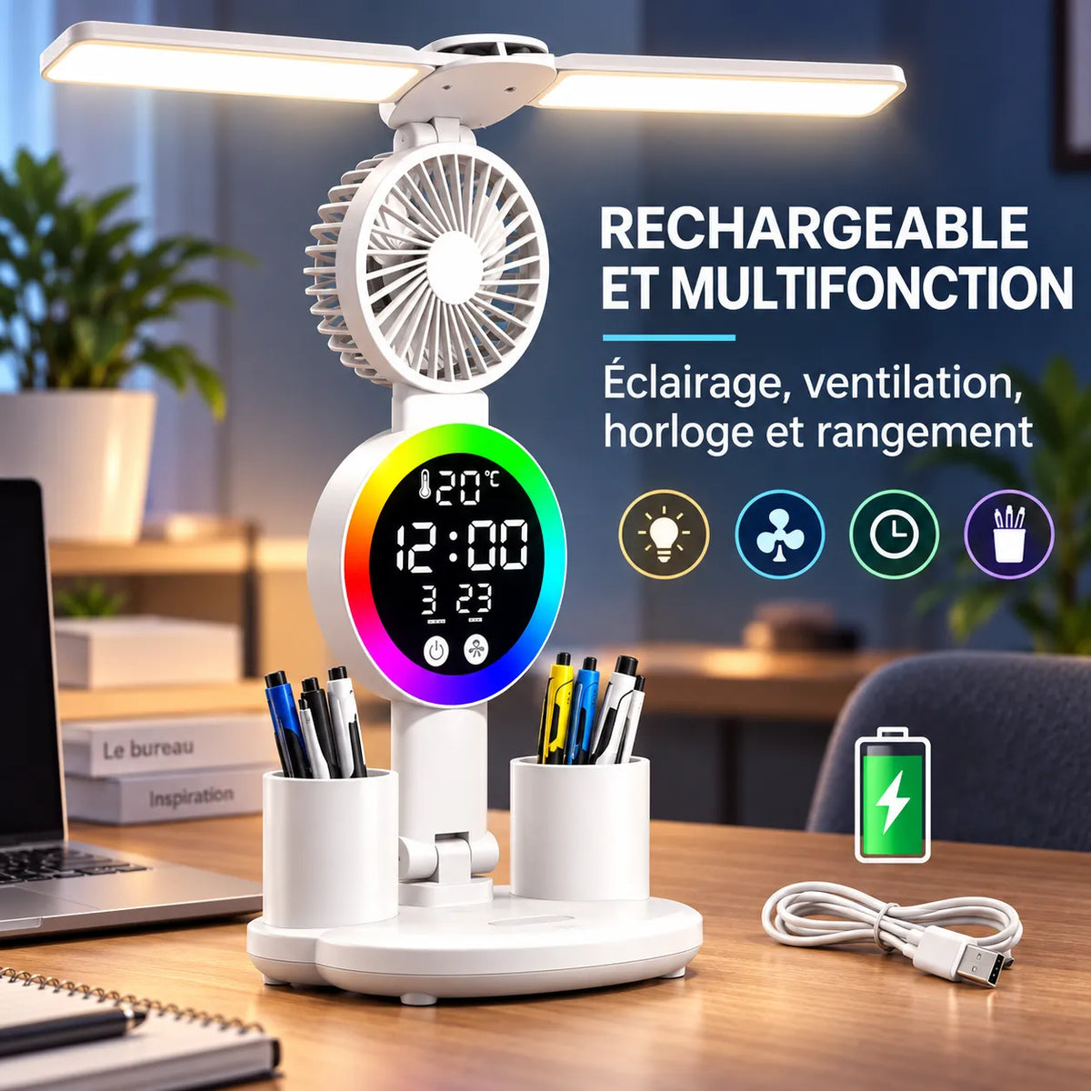 Lampe de Bureau | Lampe de chevet LED avec ventilateur et horloge
