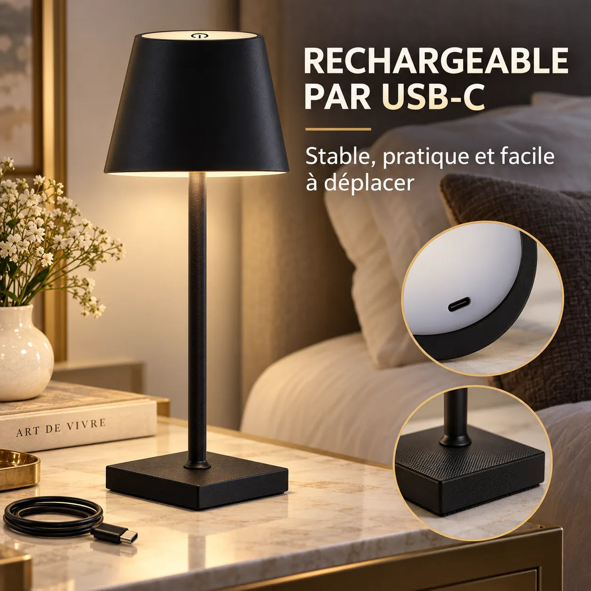 Lampe de Table LED Rechargeable | Lampe de chevet tactile, tuyau ajustable, USB-C