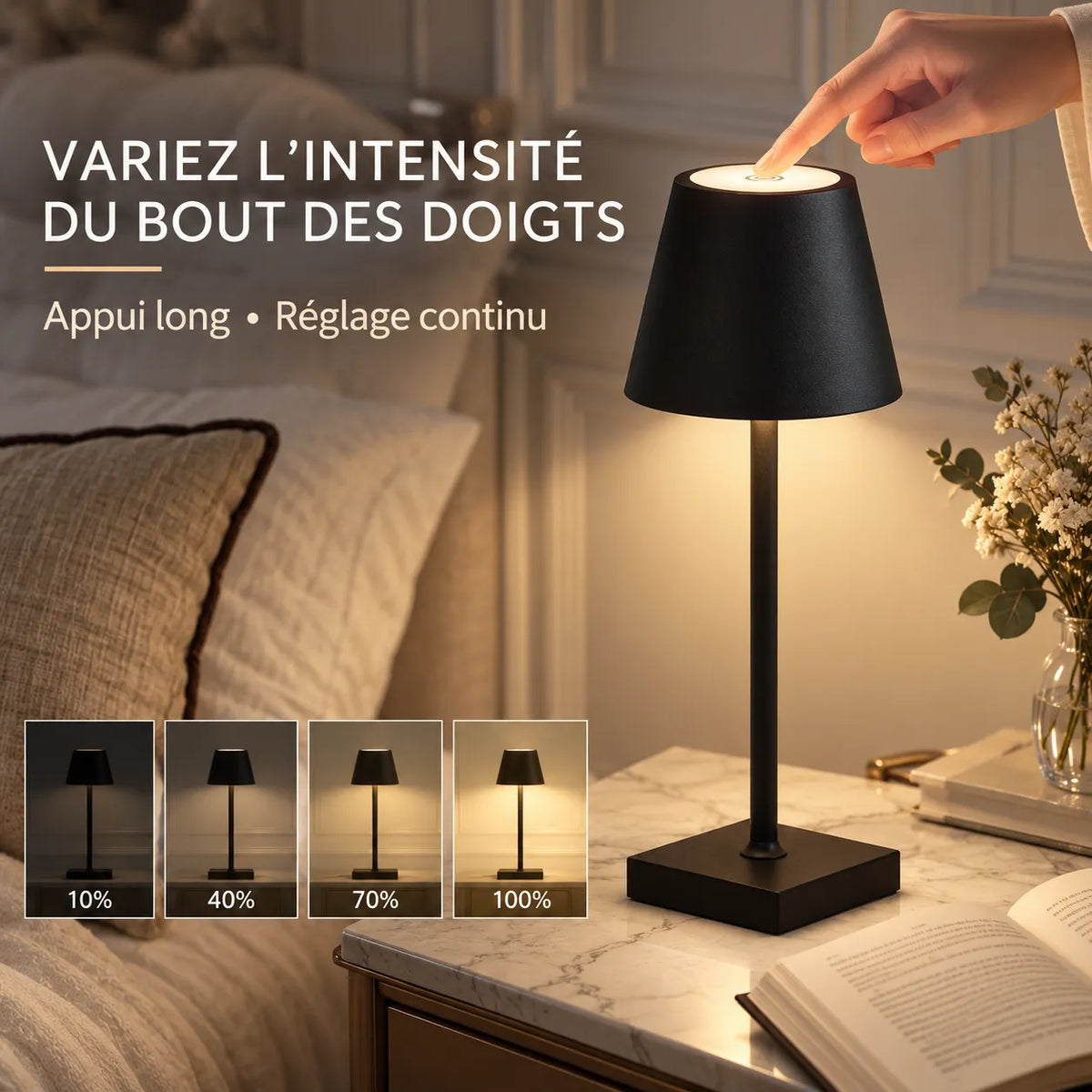 Lampe de Table LED Rechargeable | Lampe de chevet tactile, tuyau ajustable, USB-C