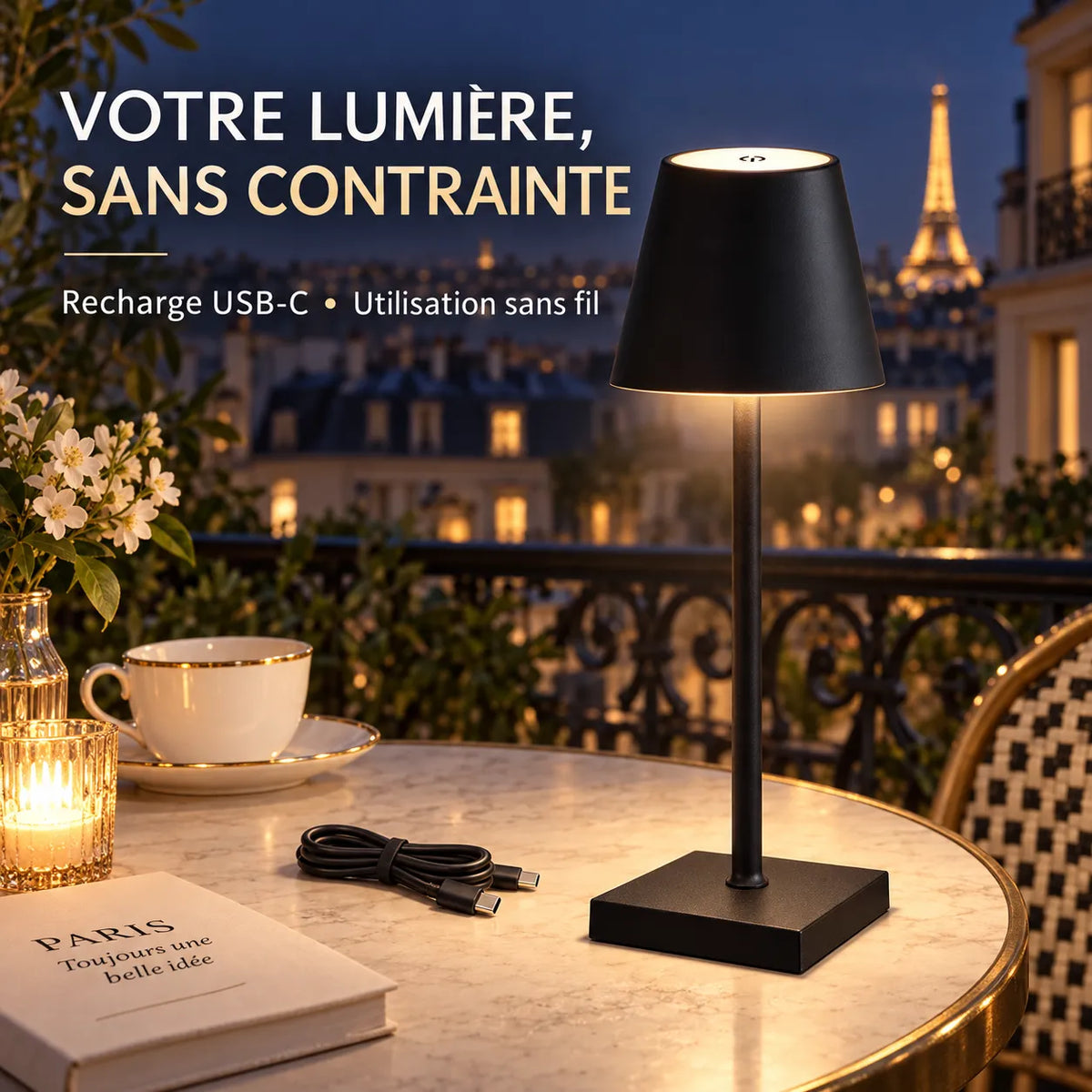 Lampe de Table LED Rechargeable | Lampe de chevet tactile, tuyau ajustable, USB-C