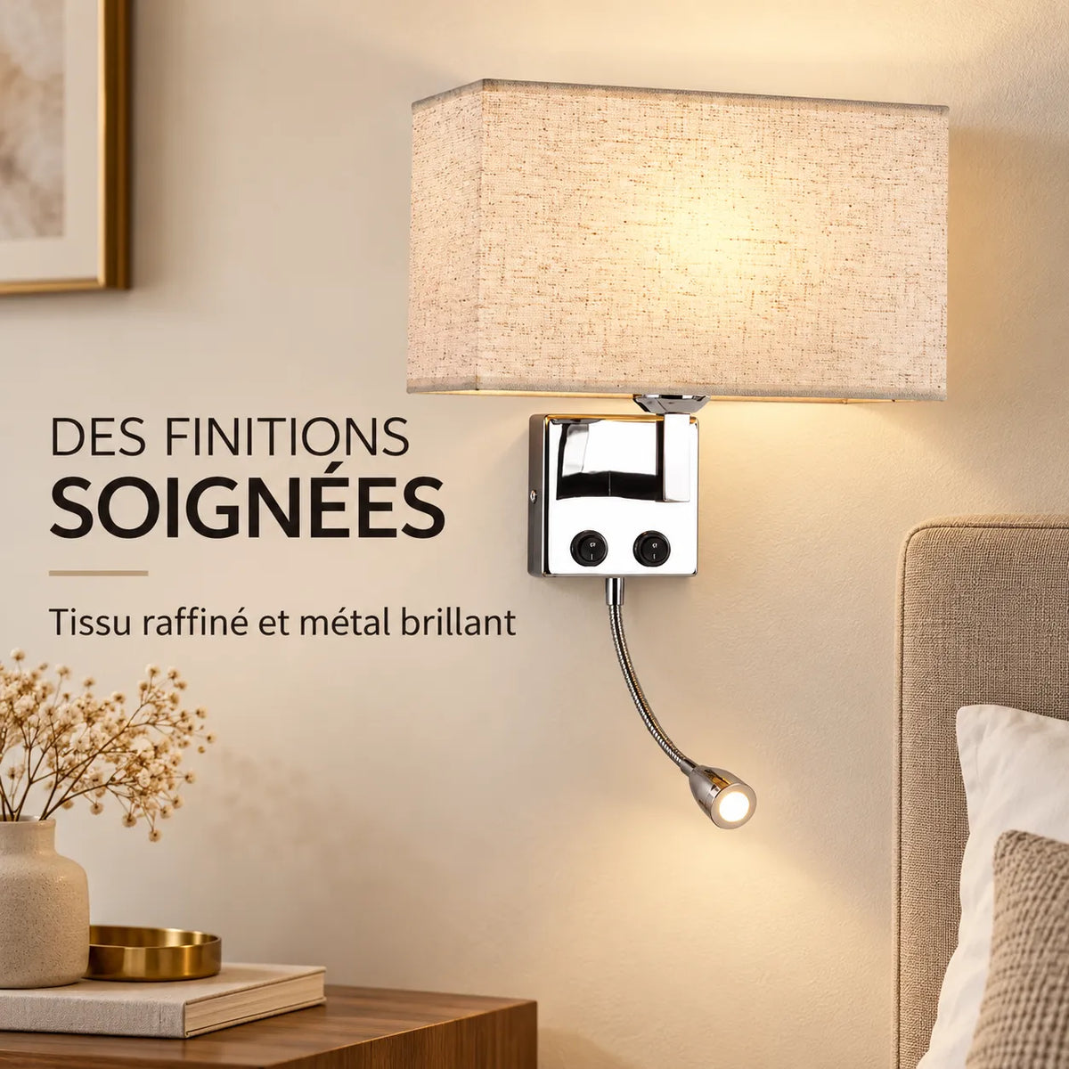 Applique Murale ShineSoul | Lampe murale en tissu E27 avec interrupteur, chambre et bureau