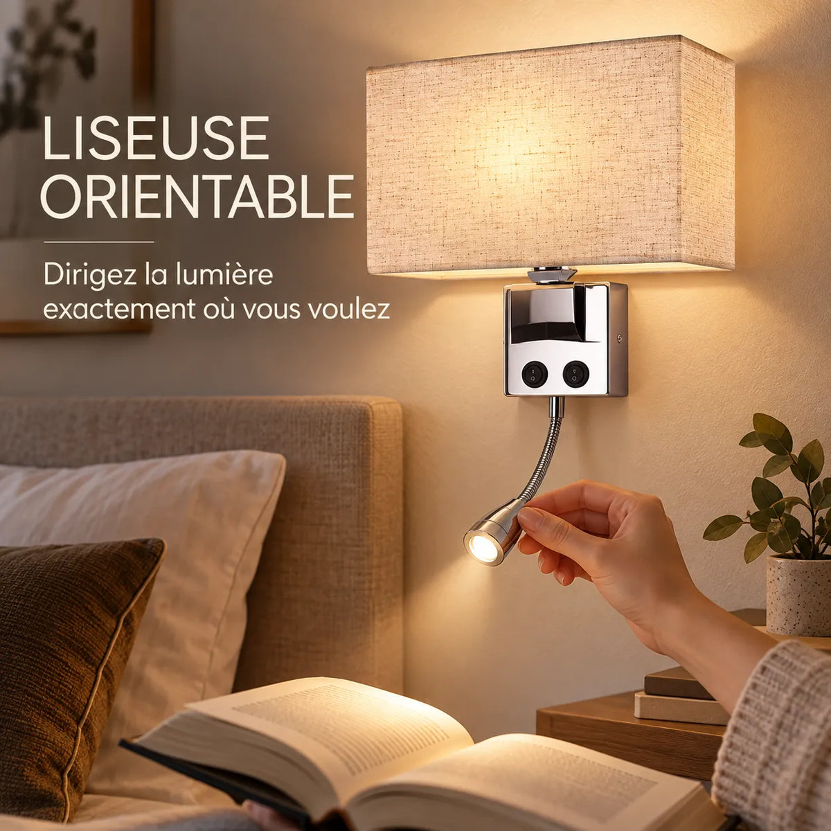 Applique Murale ShineSoul | Lampe murale en tissu E27 avec interrupteur, chambre et bureau