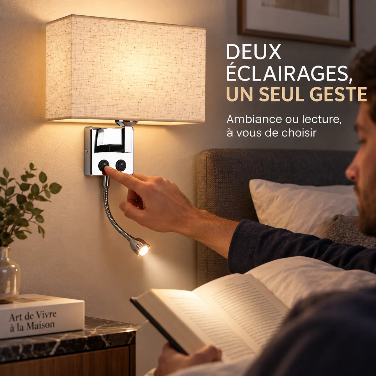 Applique Murale ShineSoul | Lampe murale en tissu E27 avec interrupteur, chambre et bureau