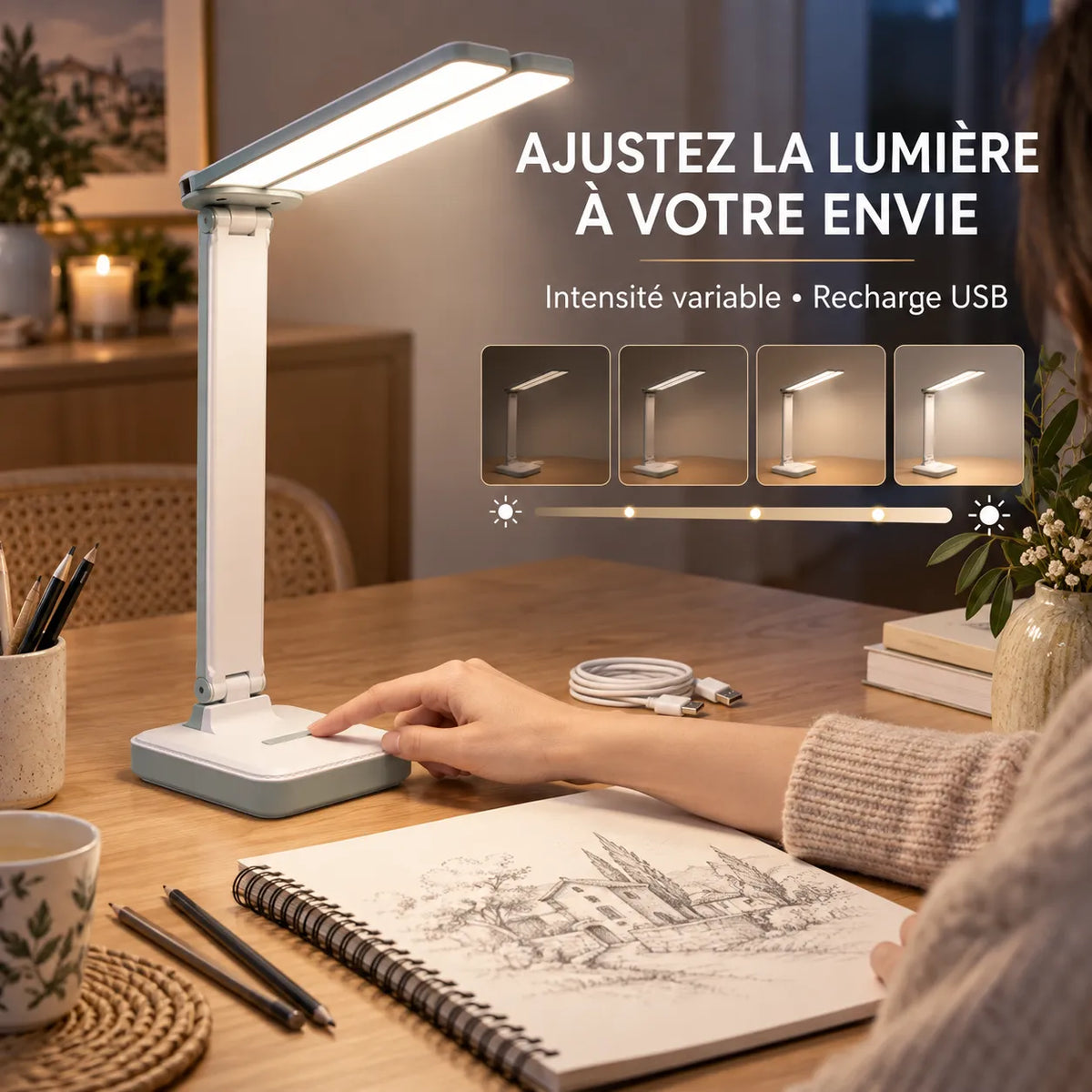 Lampe de Bureau | Lampe de chevet USB tactile, 3 niveaux de luminosité