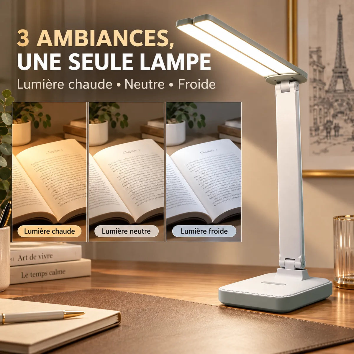 Lampe de Bureau | Lampe de chevet USB tactile, 3 niveaux de luminosité