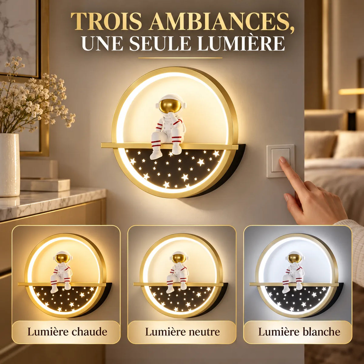 Applique murale chambre enfant | Lampe astronaute à lumière tricolore