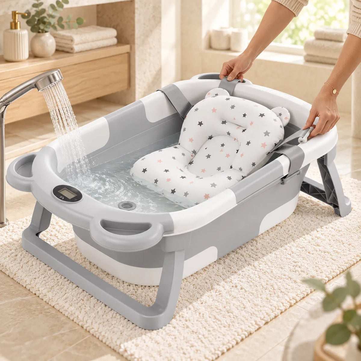 Baignoire bébé pliante | Thermomètre et coussin pour nouveau-né