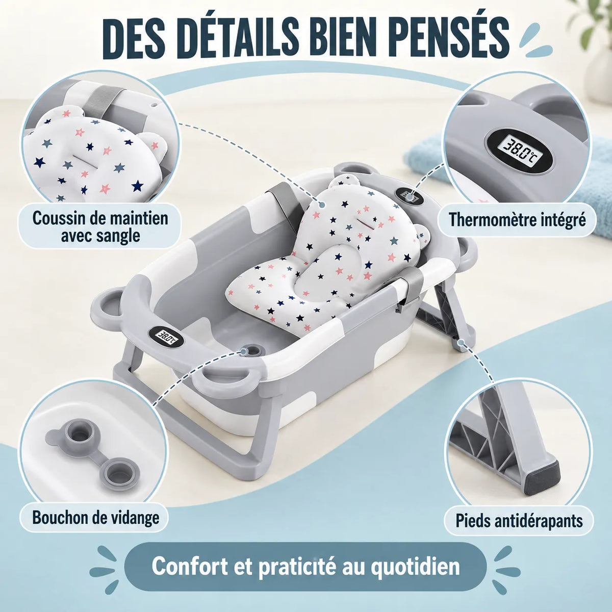 Baignoire bébé pliante | Thermomètre et coussin pour nouveau-né