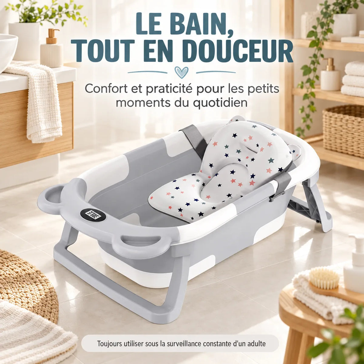 Baignoire bébé pliante | Thermomètre et coussin pour nouveau-né