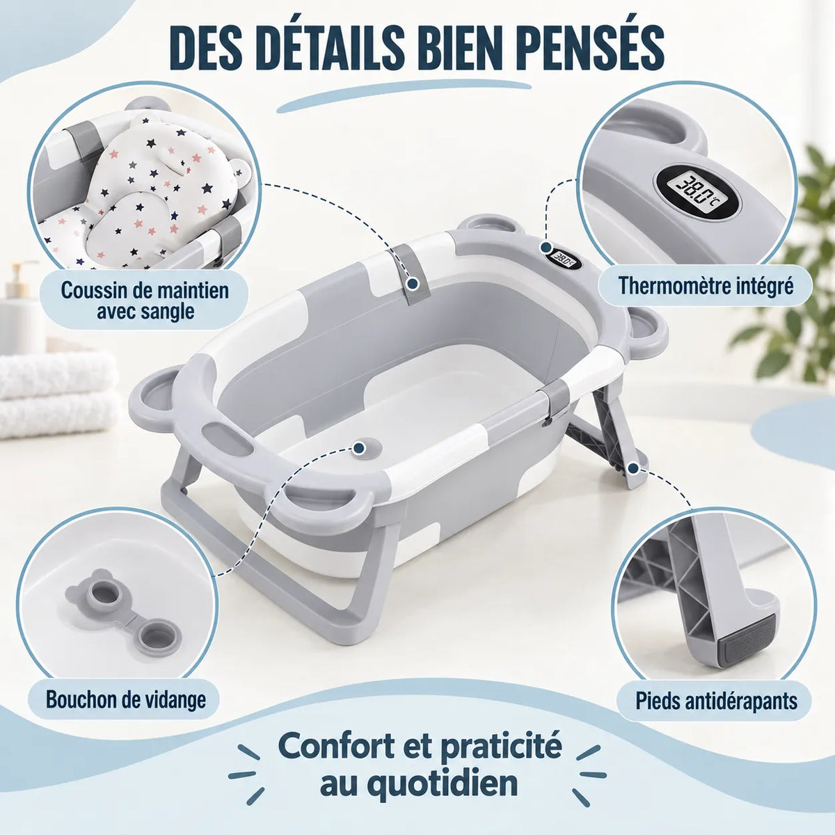 Baignoire bébé pliante | Thermomètre et coussin pour nouveau-né