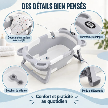 Baignoire bébé pliante | Thermomètre et coussin pour nouveau-né