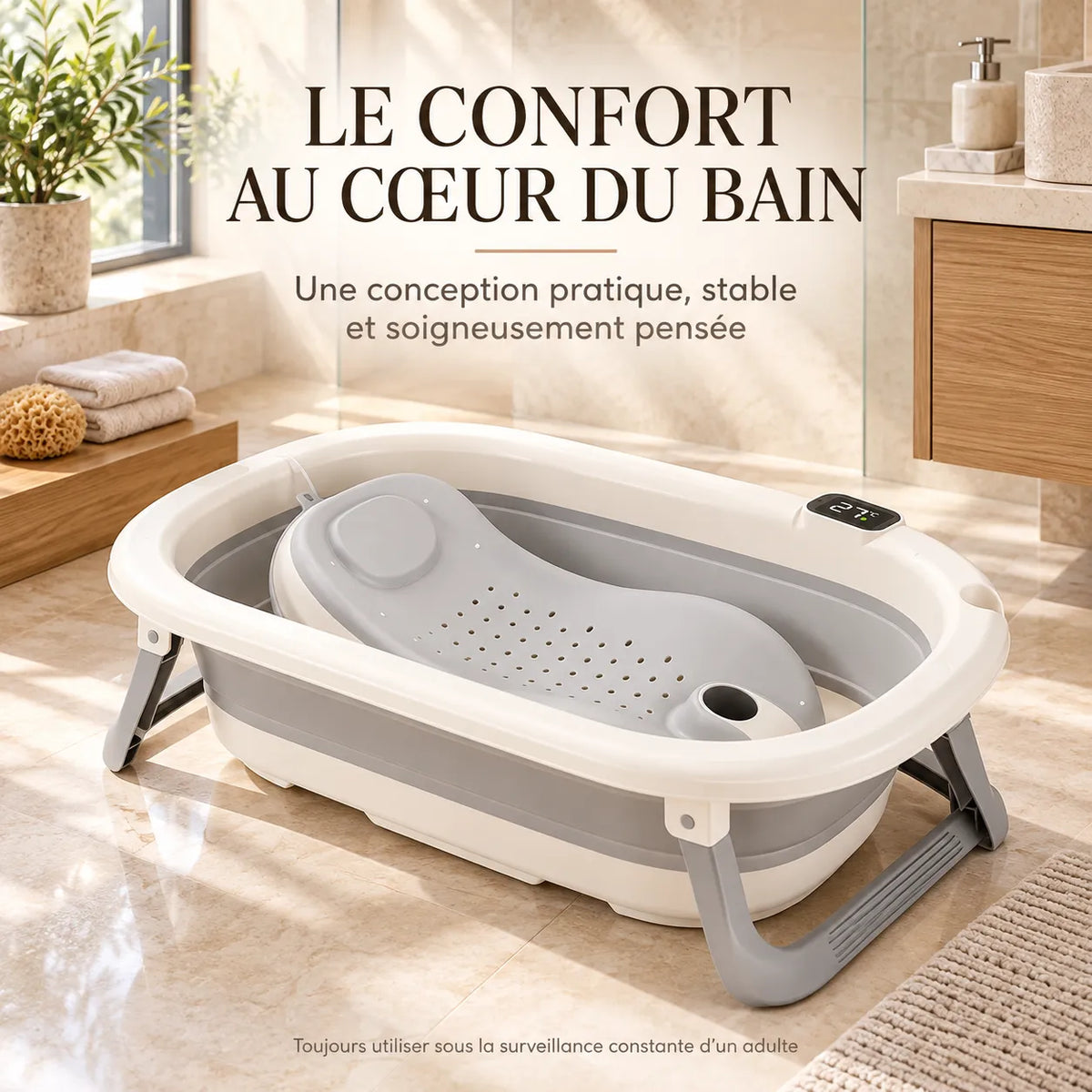 Baignoire bébé pliable XXL | Siège de bain et thermomètre intégré