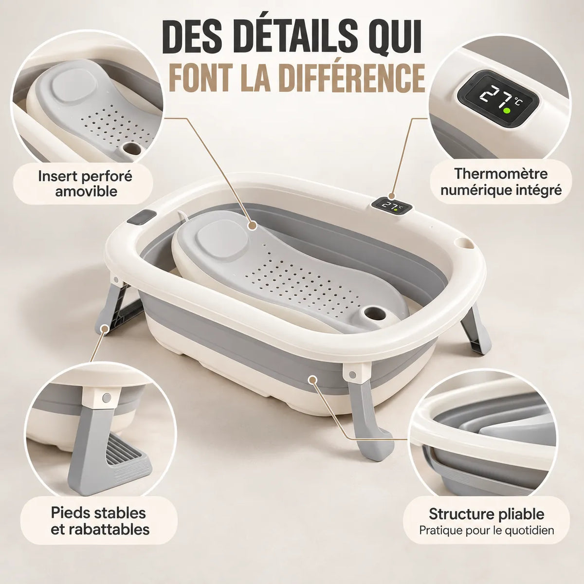 Baignoire bébé pliable XXL | Siège de bain et thermomètre intégré