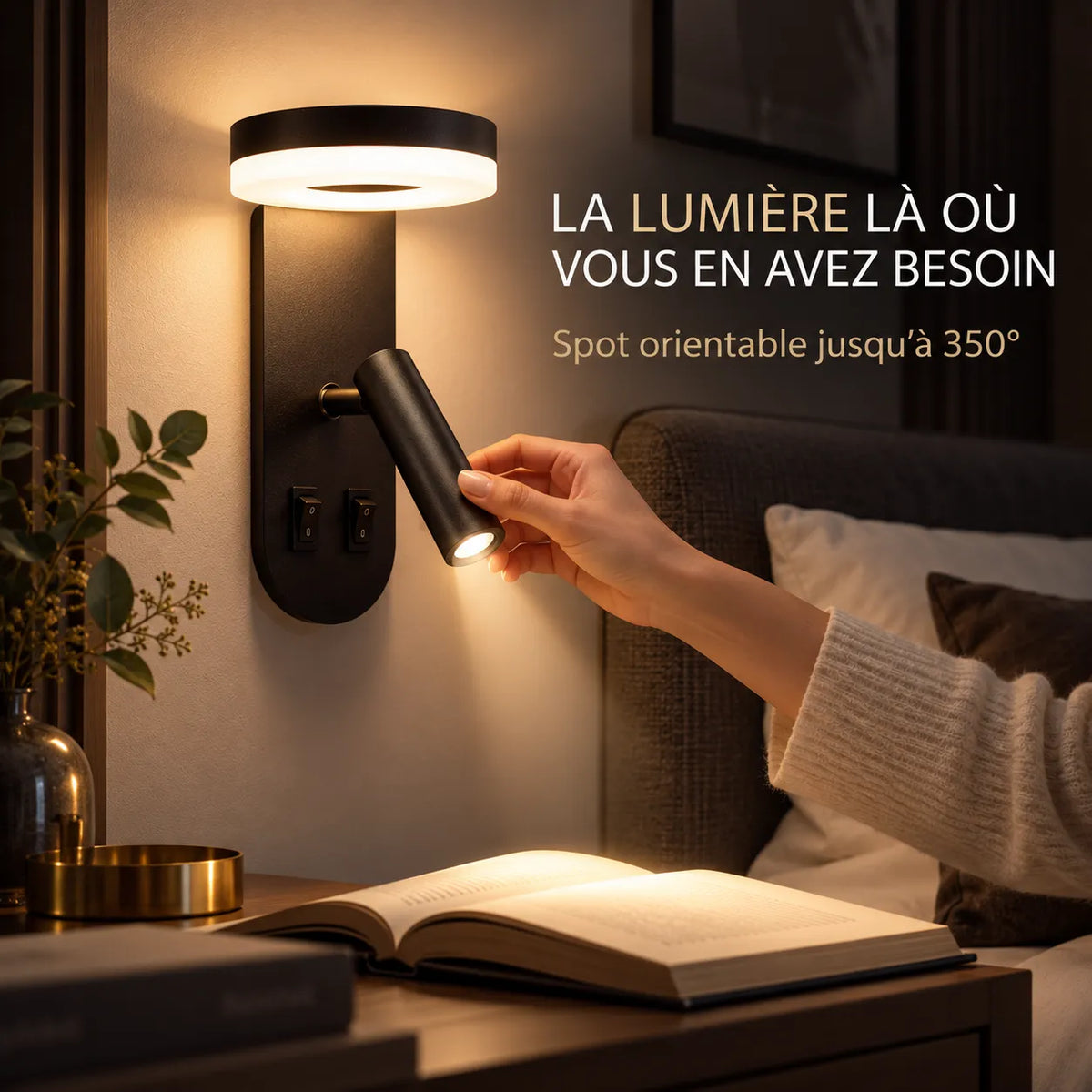 Applique murale LED pour Chambre avec spot rotatif à 350°