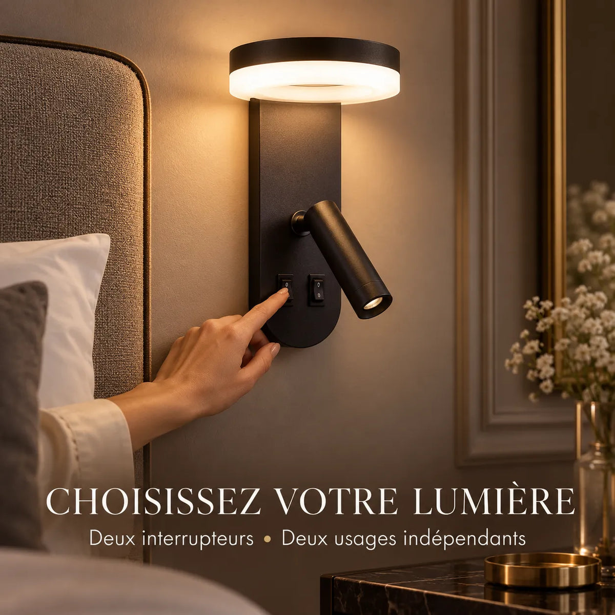 Applique murale LED pour Chambre avec spot rotatif à 350°
