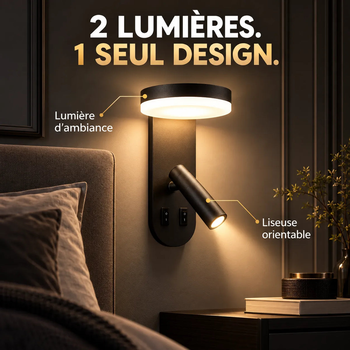 Applique murale LED pour Chambre avec spot rotatif à 350°