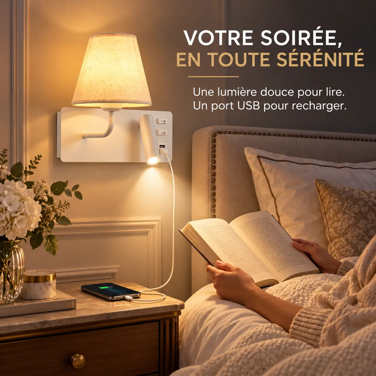 Applique murale LED nordique avec liseuse et port USB