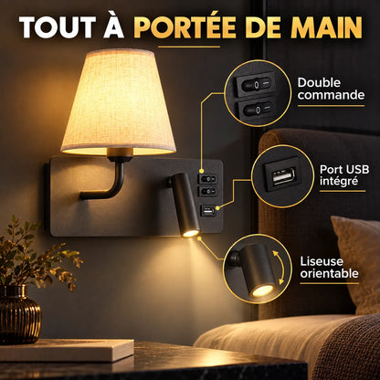 Applique murale LED nordique avec liseuse et port USB