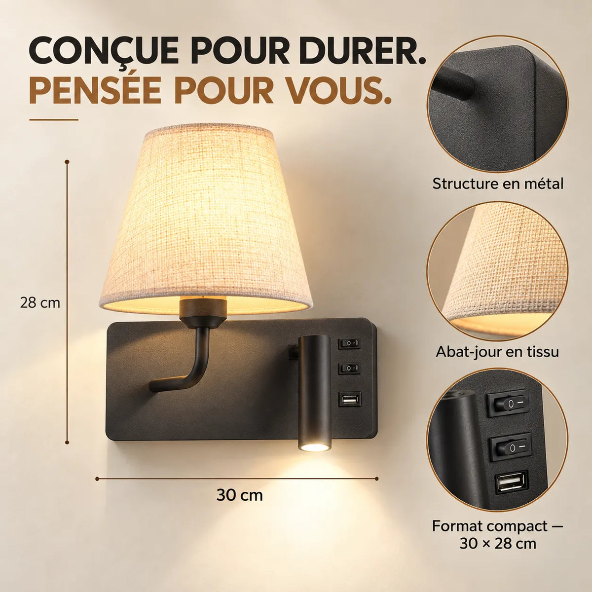 Applique murale LED nordique avec liseuse et port USB