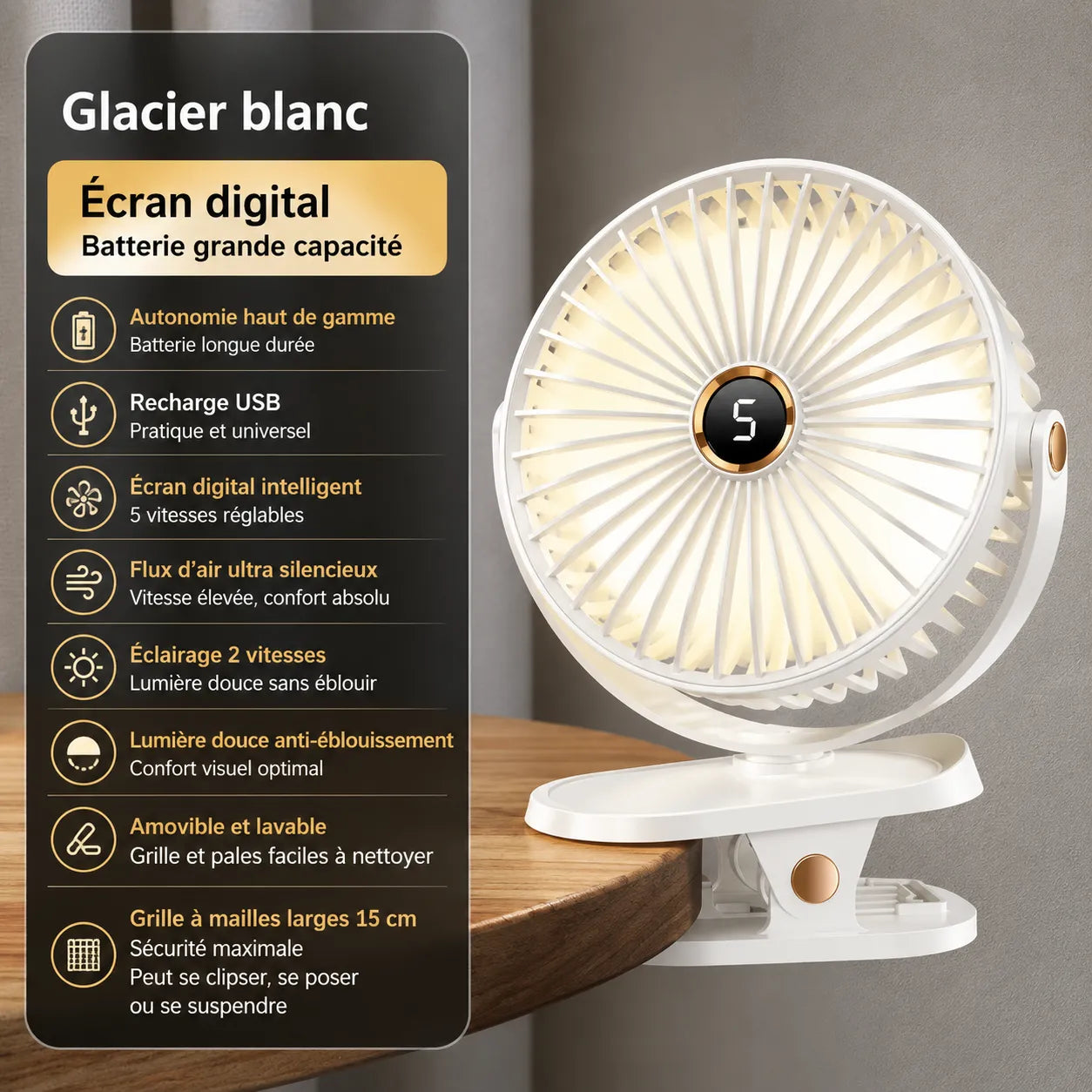 Ventilateur Portable Rechargeable Breezéo™ - Ventilateur à clip 8000mAh 5 vitesses