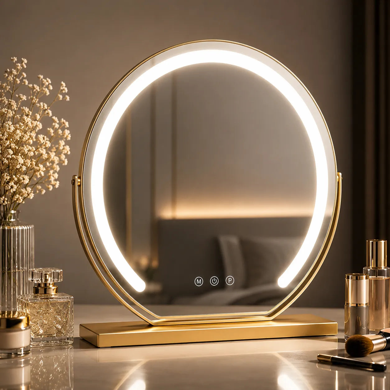 LUMINAPRO™ Éclat Doré | Élégant Miroir Maquillage LED pour les coiffeuses