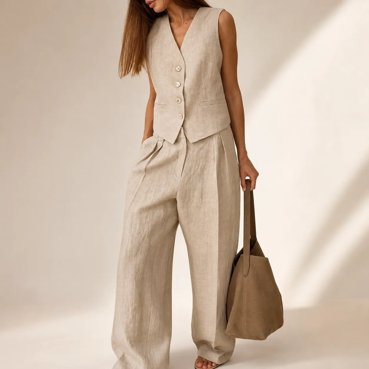 Terracotta Élégance | Ensemble Femme Lin Deux Pièces Gilet &amp; Pantalon Large