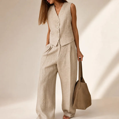 Terracotta Élégance | Ensemble Femme Lin Deux Pièces Gilet &amp; Pantalon Large