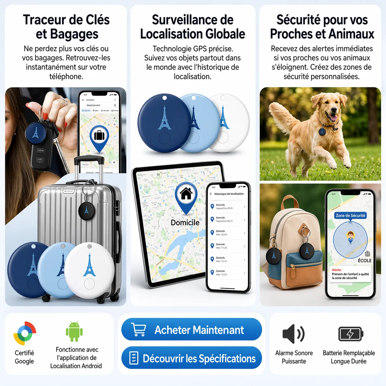 DroidTrack Pro™- Traceur GPS Sans Abonnement, Compatible Android & iOS