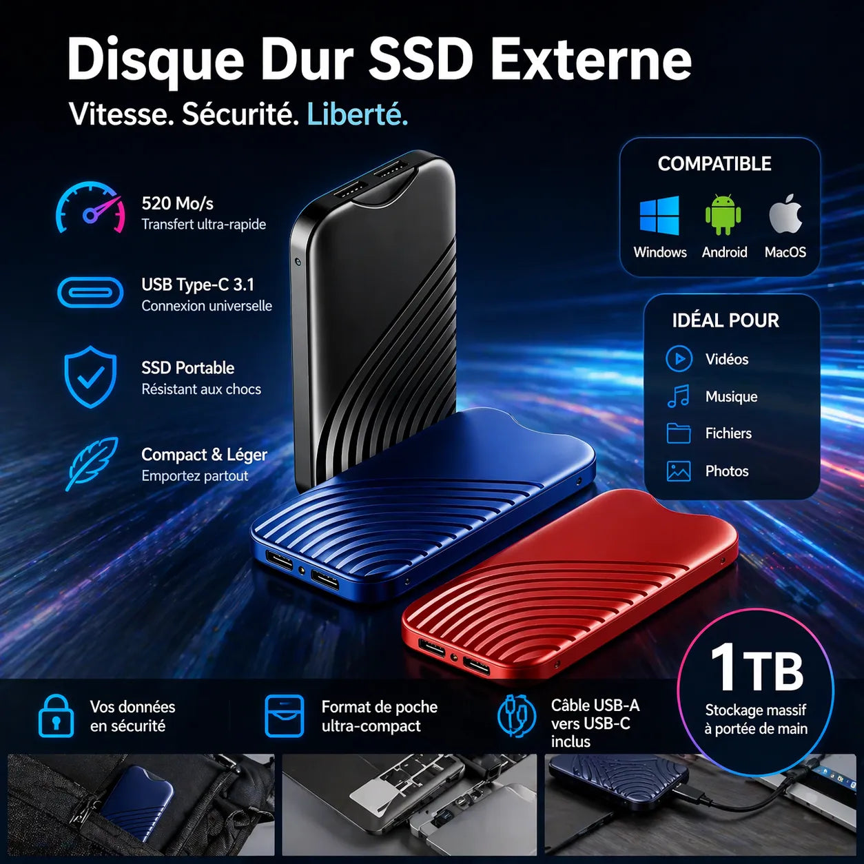 SSD Disque Dur Swift Vault Pro | Disqu e dur externe ssd 2 To USB 3.1 Haute Vitesse