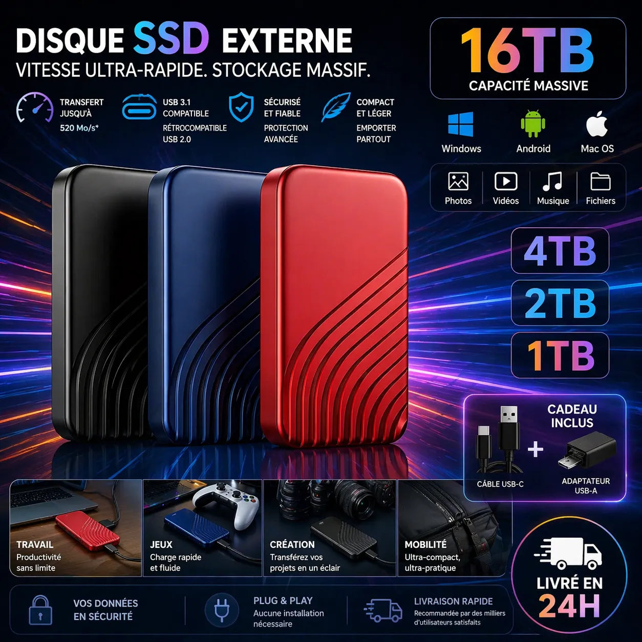 SSD Disque Dur Swift Vault Pro | Disqu e dur externe ssd 2 To USB 3.1 Haute Vitesse