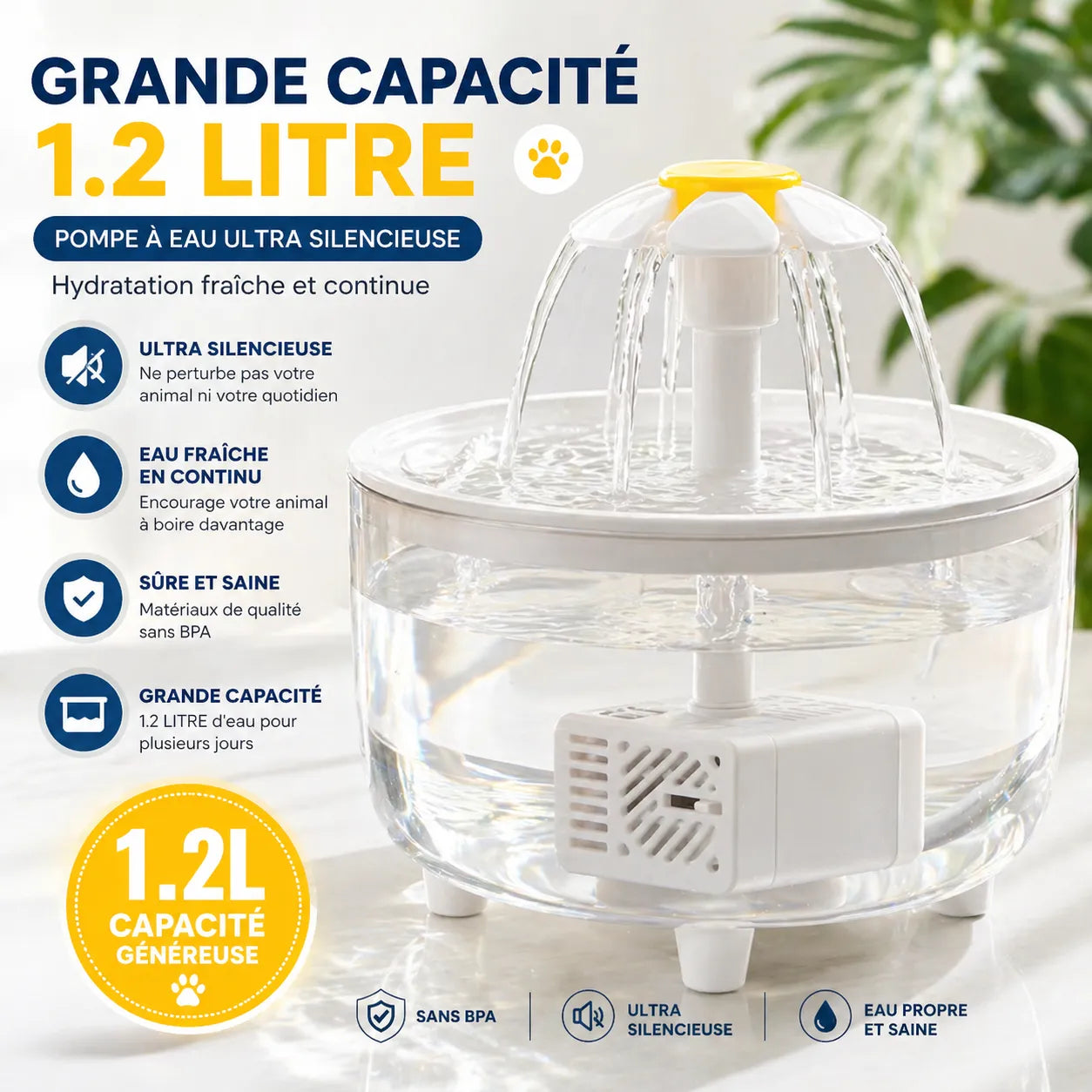 Fontaine LumiFleur - Fontaine à eau pour chat 1,2L USB silencieuse, 3 modes & filtre charbon
