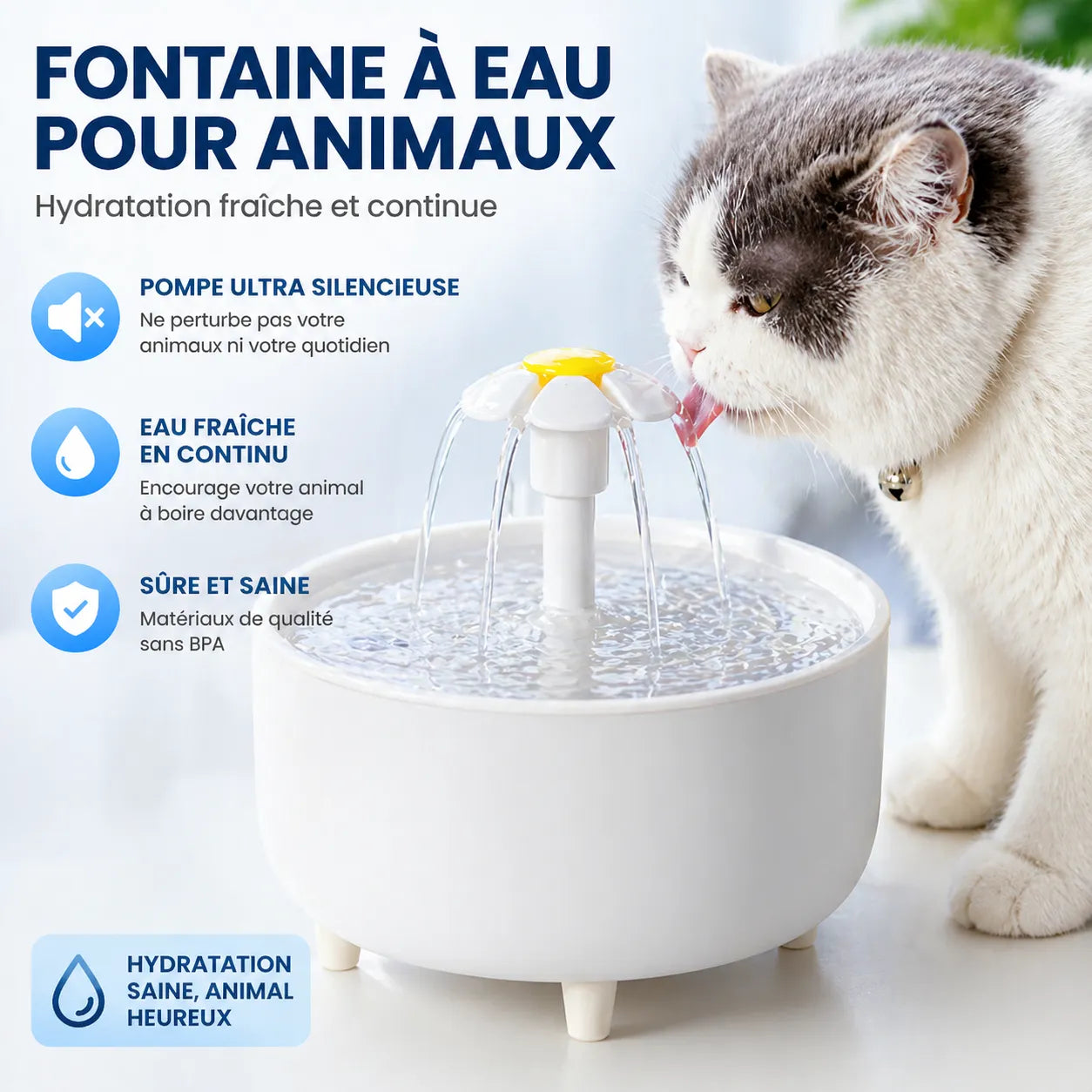 Fontaine LumiFleur - Fontaine à eau pour chat 1,2L USB silencieuse, 3 modes & filtre charbon