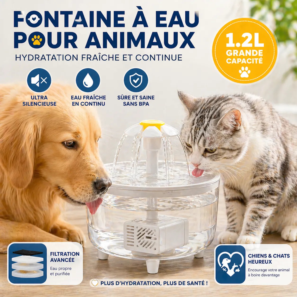 Fontaine LumiFleur - Fontaine à eau pour chat 1,2L USB silencieuse, 3 modes & filtre charbon